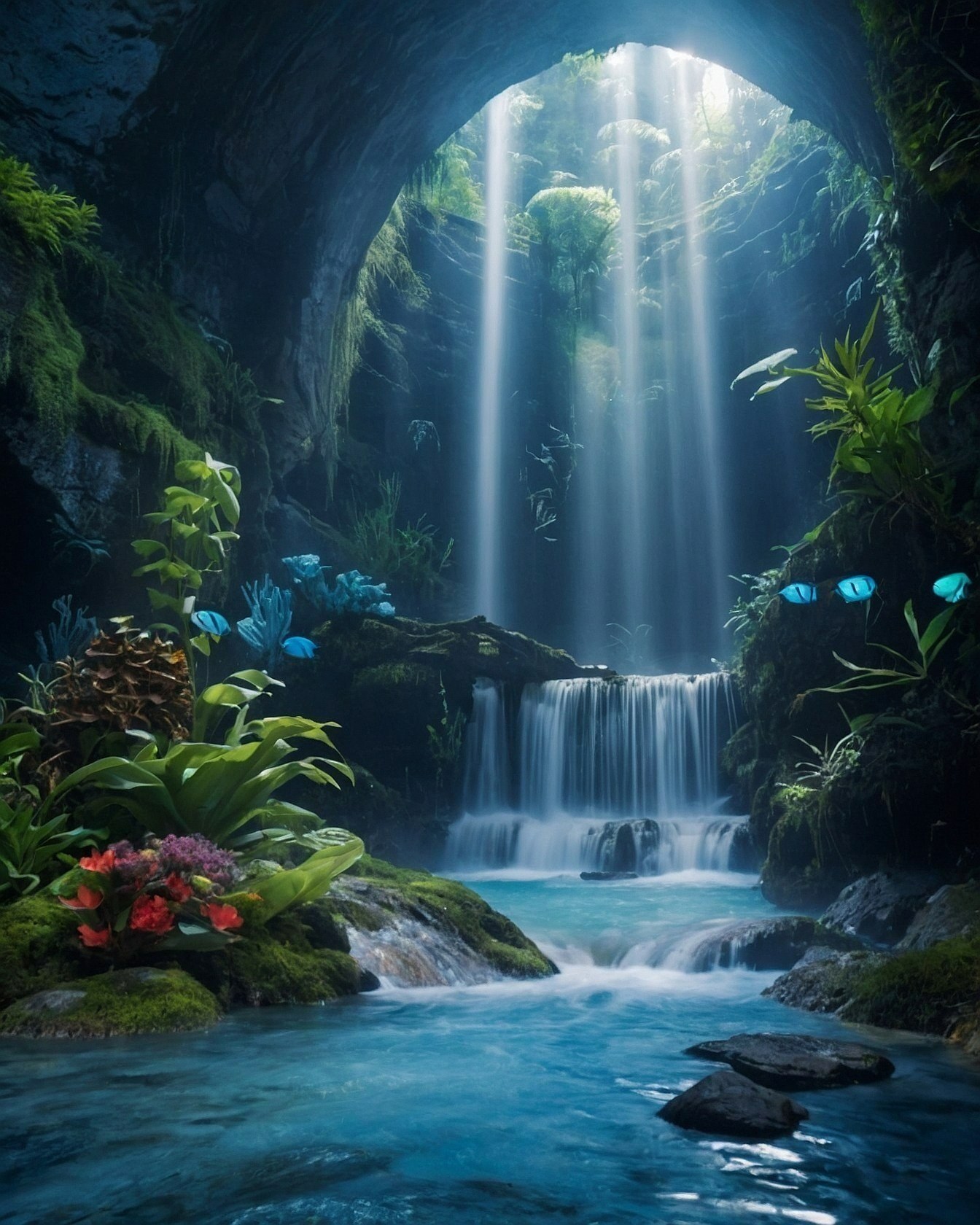 Secret cave waterfall with glowing fish