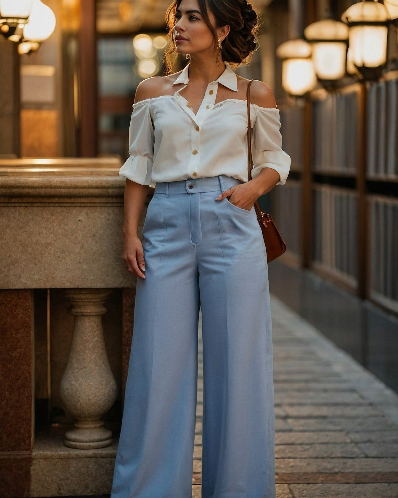 White off-shoulder blouse with wide-leg blue trousers