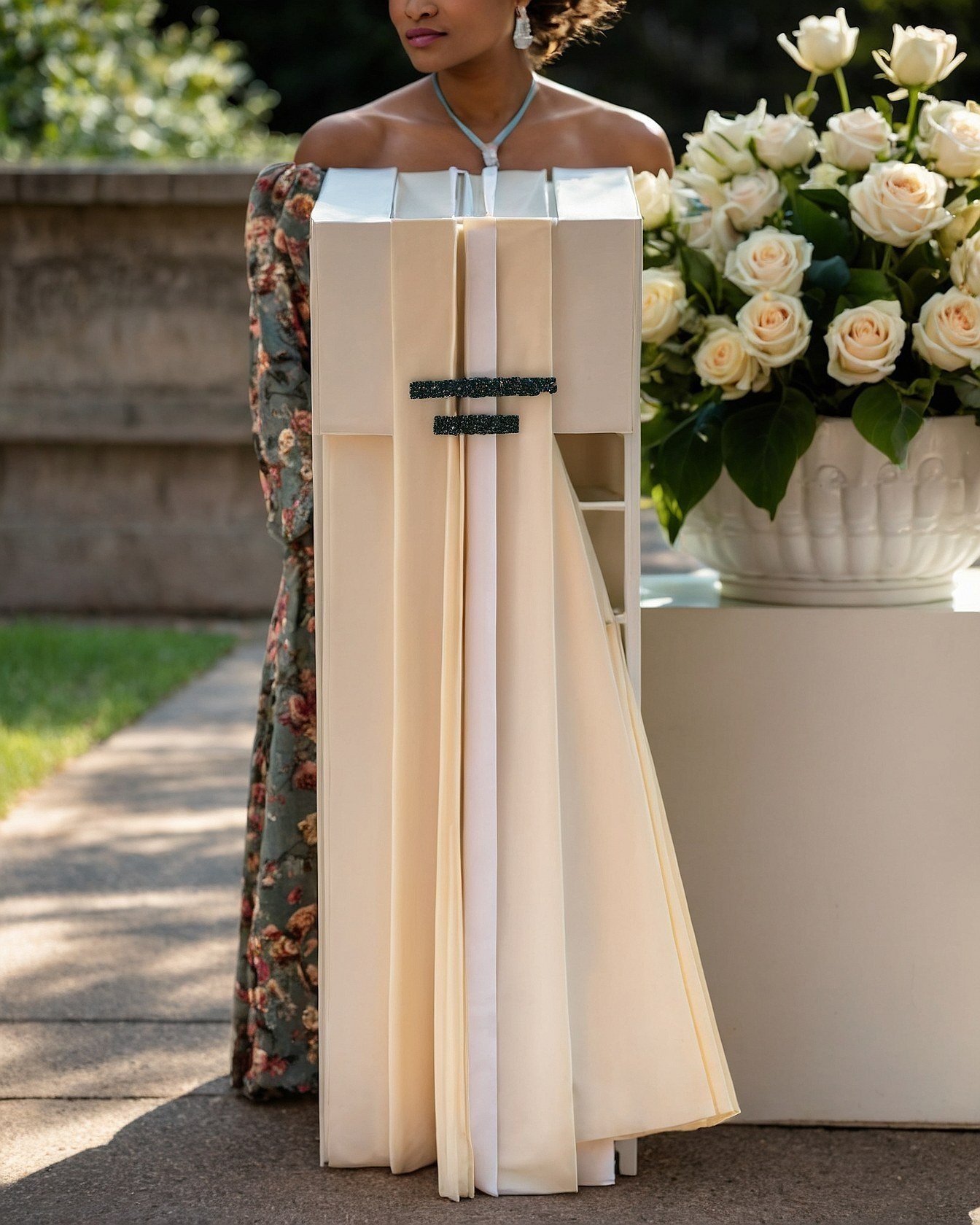 Bold Geometric Accents on Flowing Drapery