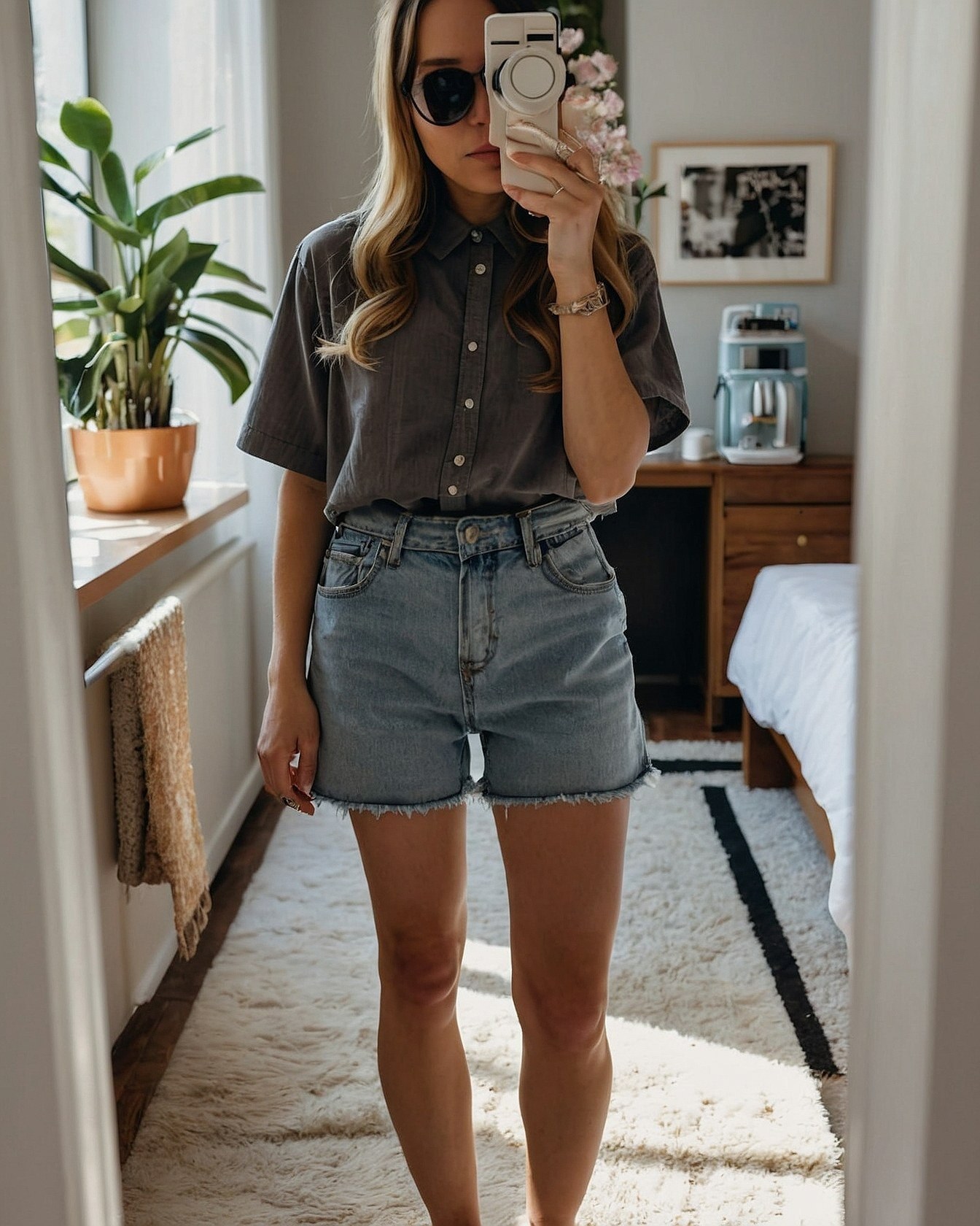 Mirror Selfie of a Woman in Casual Denim and Button-Up