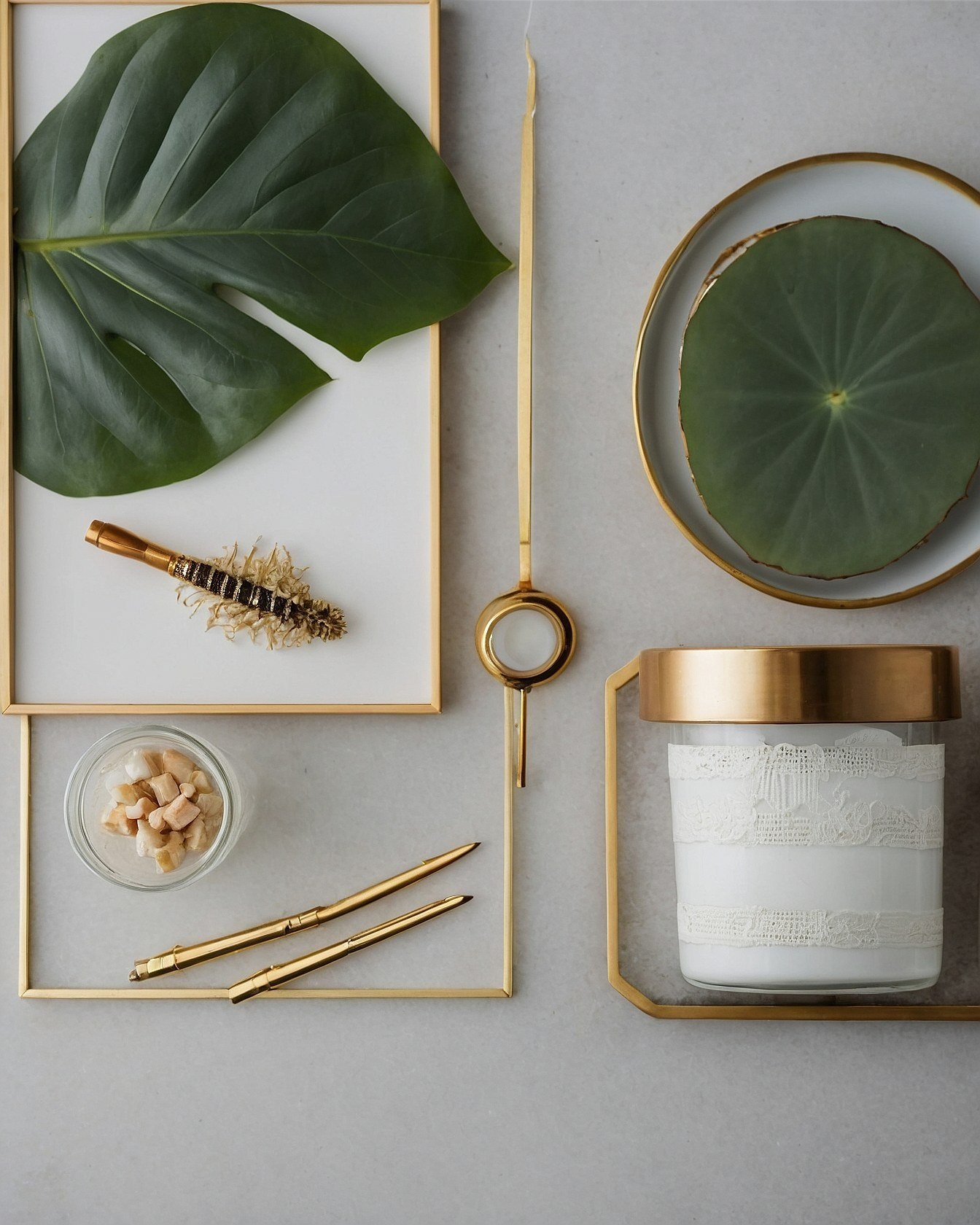 A flat lay of gold accents and natural elements