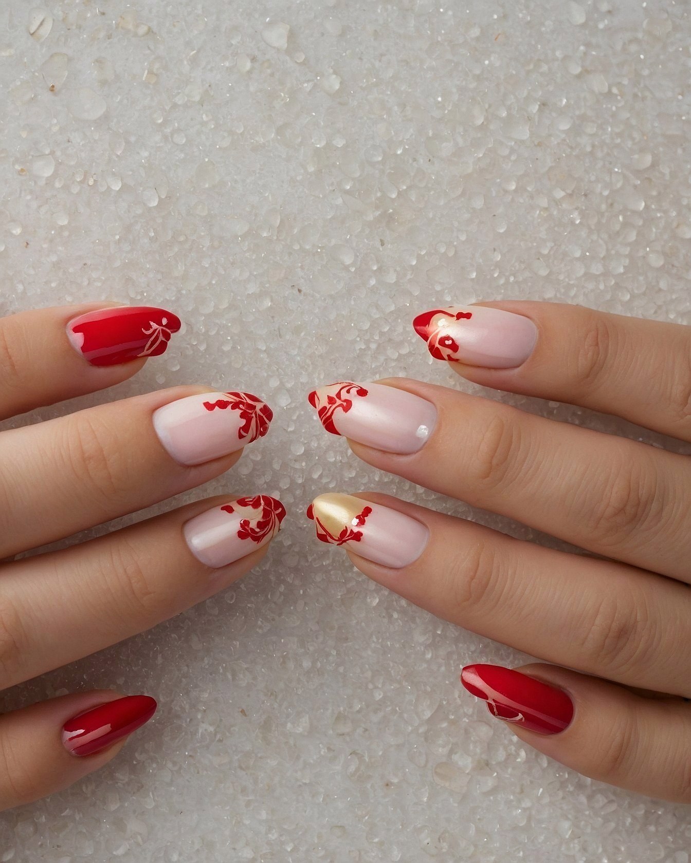 French Tip Nails with Delicate Red Lacquer Art