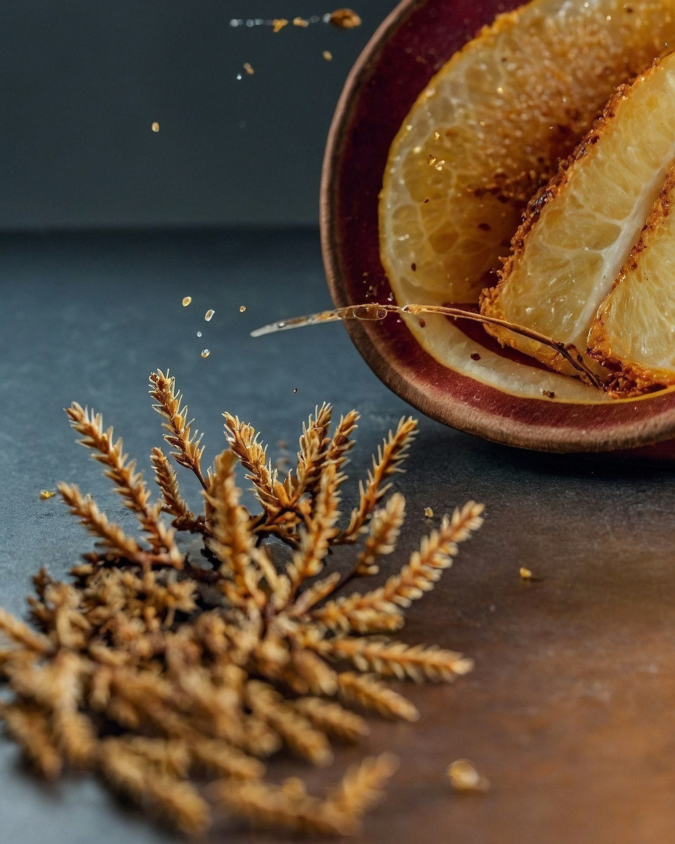 A close-up of candied citrus slices in a bowl