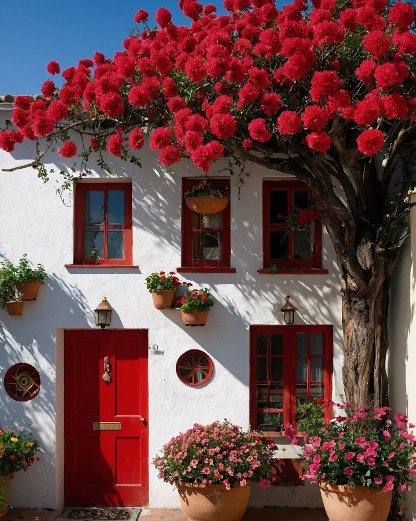 Vibrant Crimson Blossoms Against Sunlit White Stucco Walls