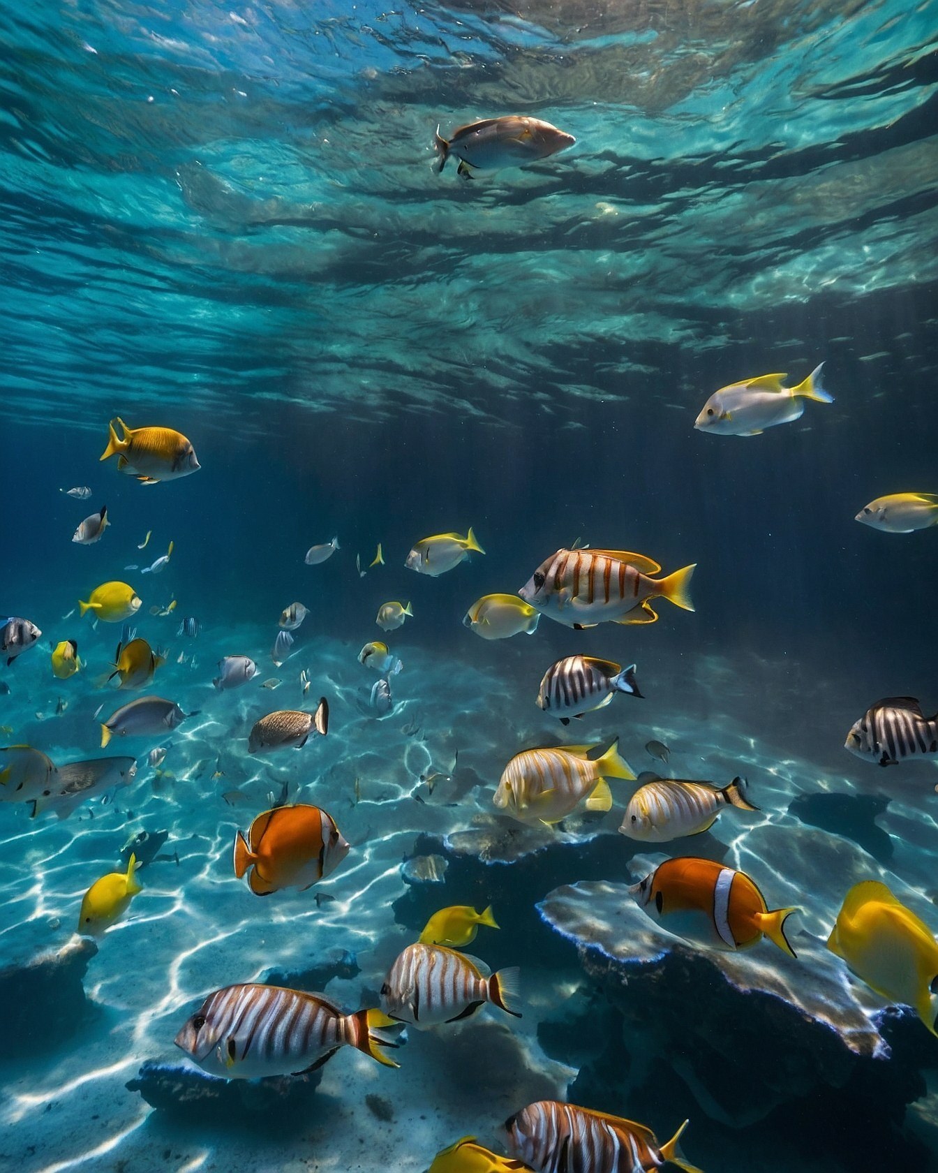 Sunlight Piercing Through Clear Aqua Water Amidst a School of Tropical Fish