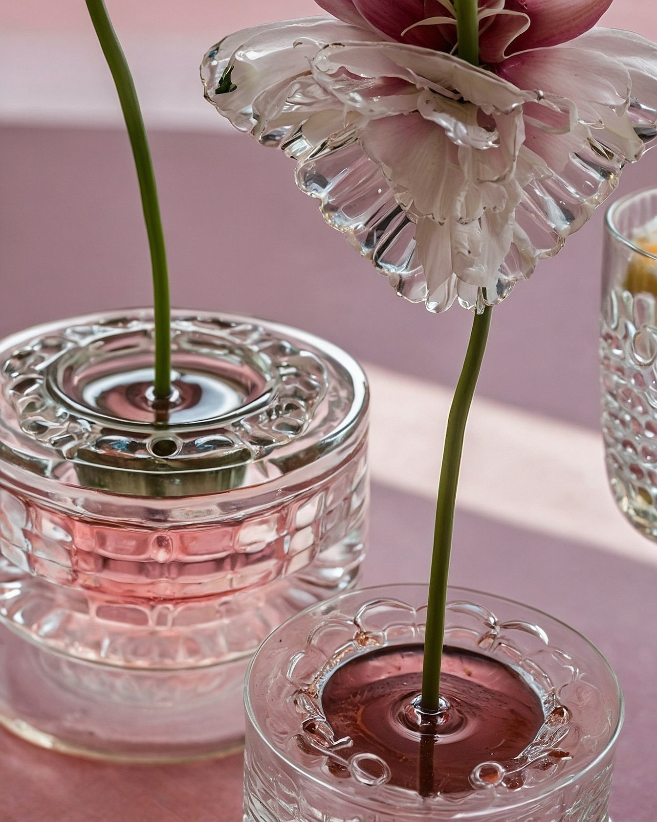 Clear Ribbed Glass Vessels Holding Single Blooms On A #cfafb6 Surface
