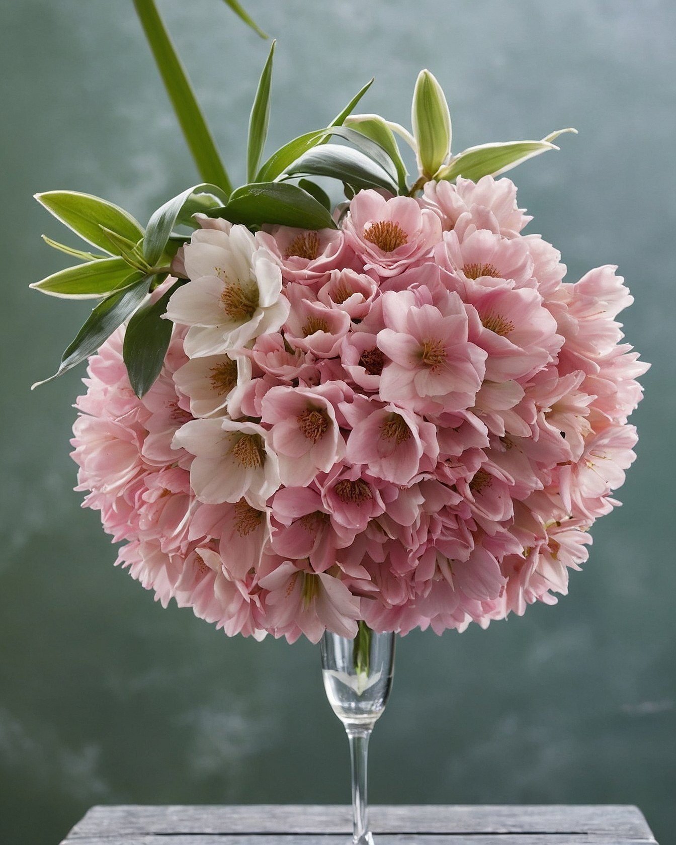 Dense pink blossom sphere atop a slender glass stem