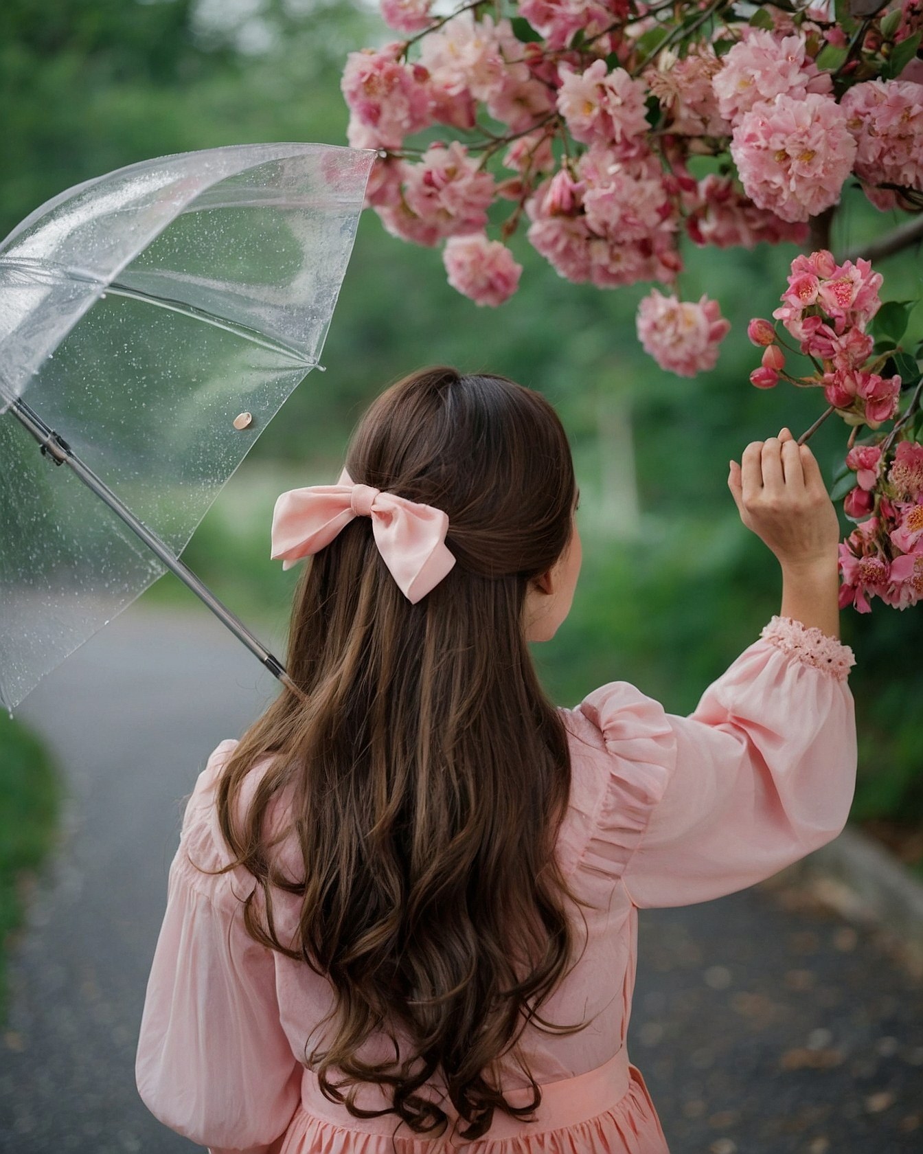 Woman in Pink Dress Holding Clear Umbrella Beneath Blooming Pink Blossoms