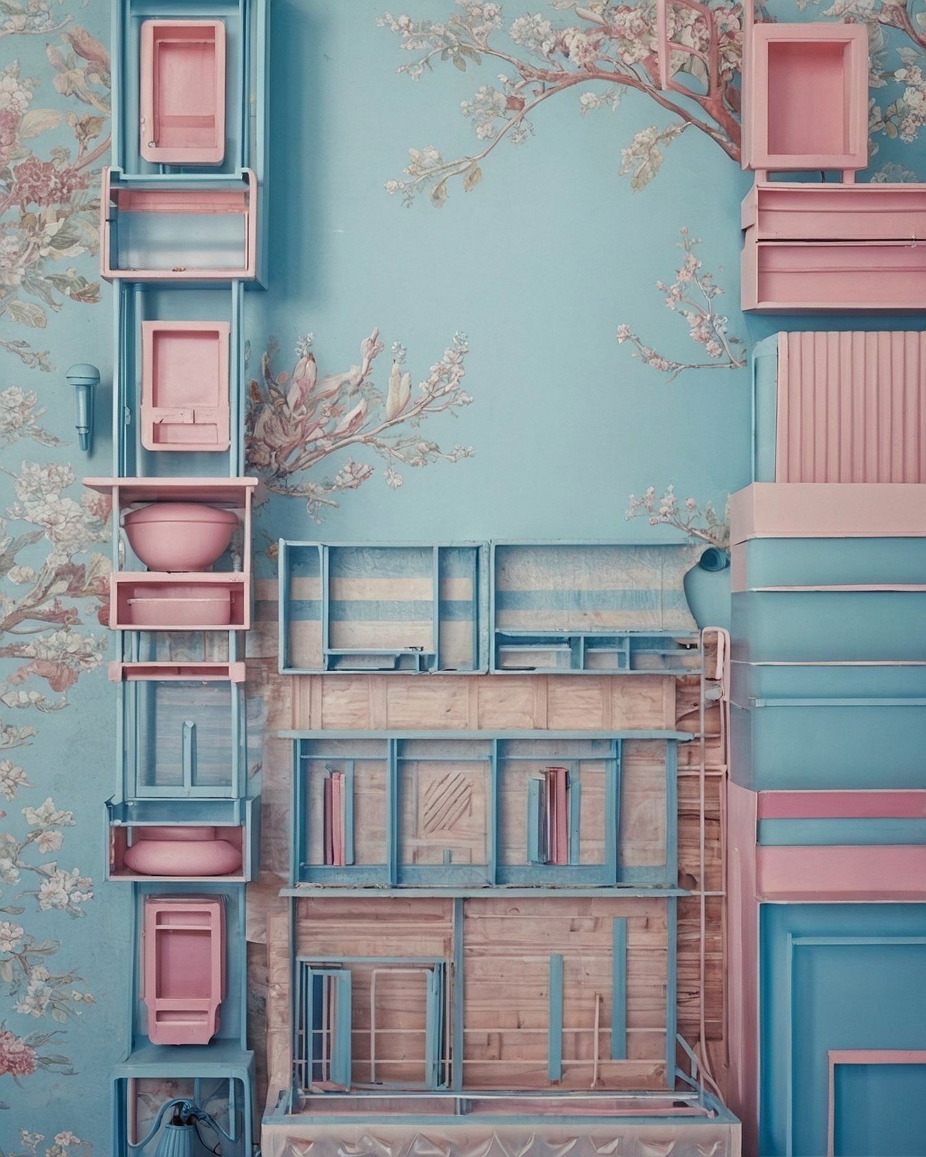 Surreal architectural shelving units against floral wallpaper
