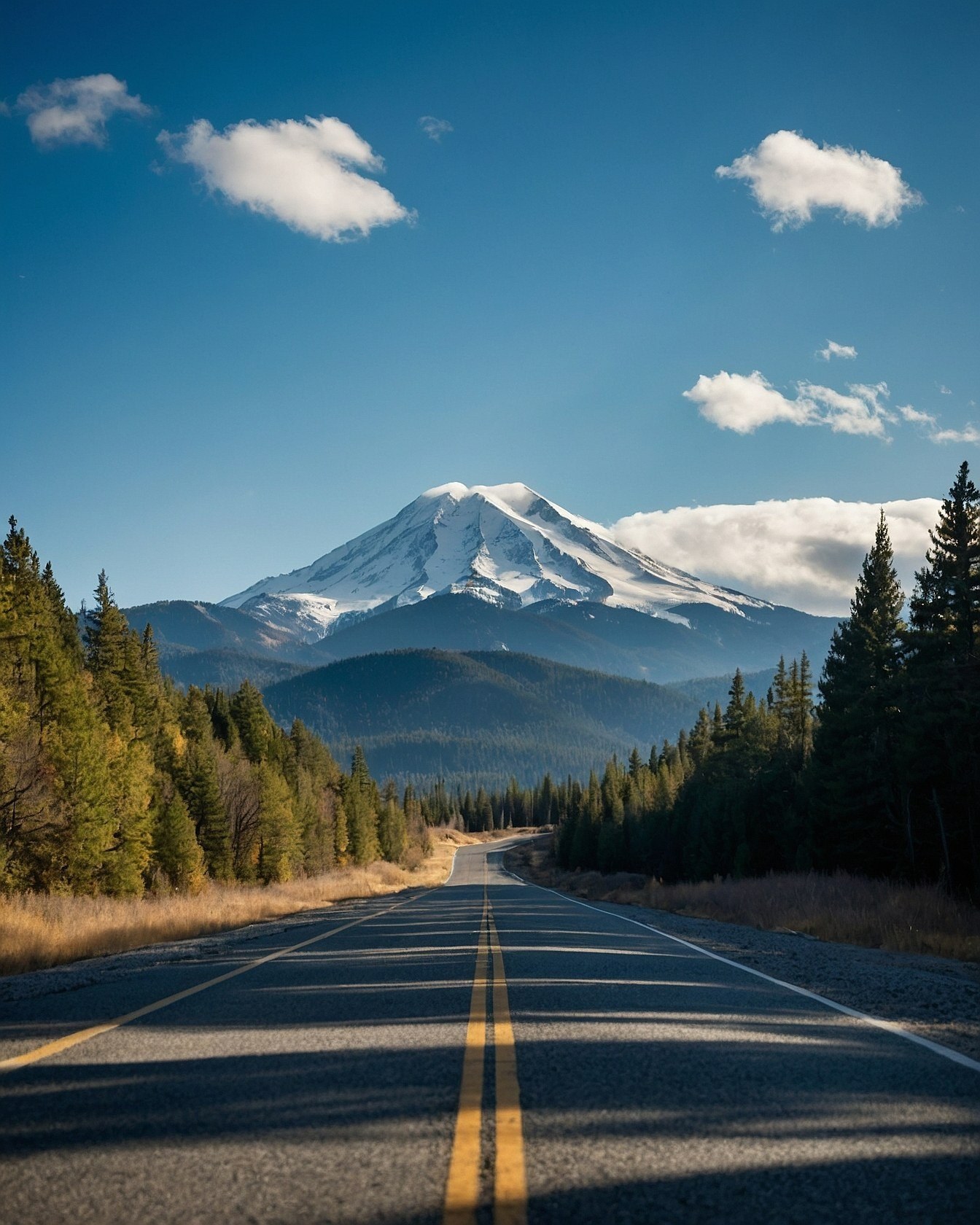 Why does a solitary asphalt highway under a #528cc6 sky feel so calming