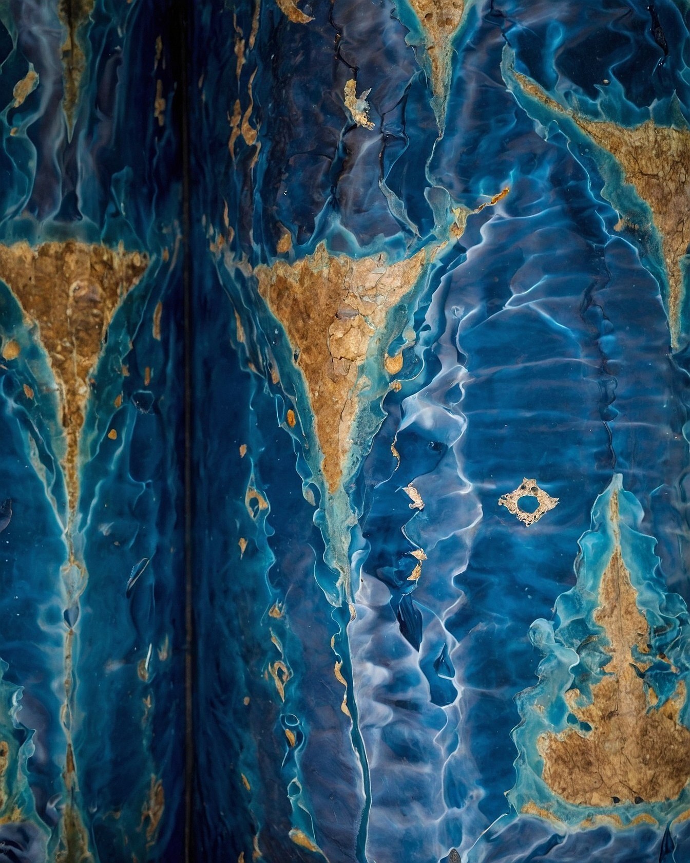 Deep blue resin swirls meeting weathered gold leaf textures