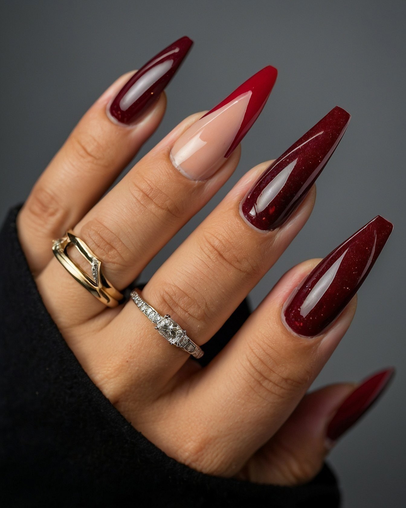 Bold Red Acrylic Nails with Clean Geometric French Tips