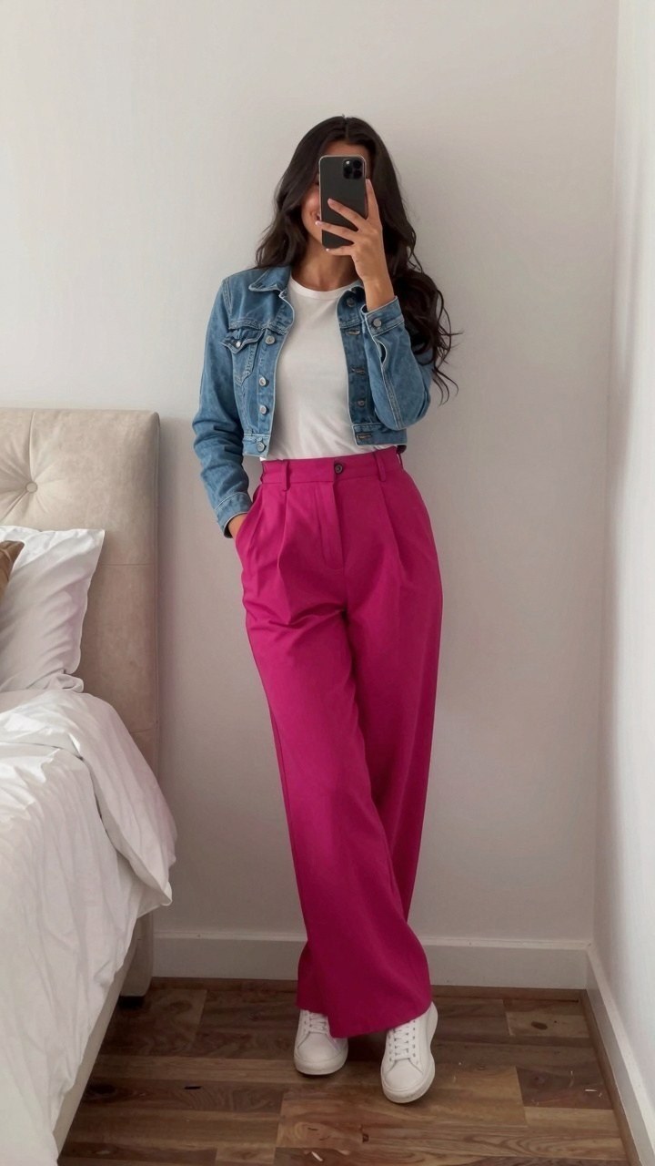 Pairing A Cropped Denim Jacket With Bright Wide Leg Trousers