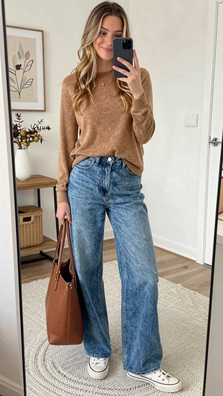 Pairing a Crewneck Beige Sweater With Relaxed Denim Jeans