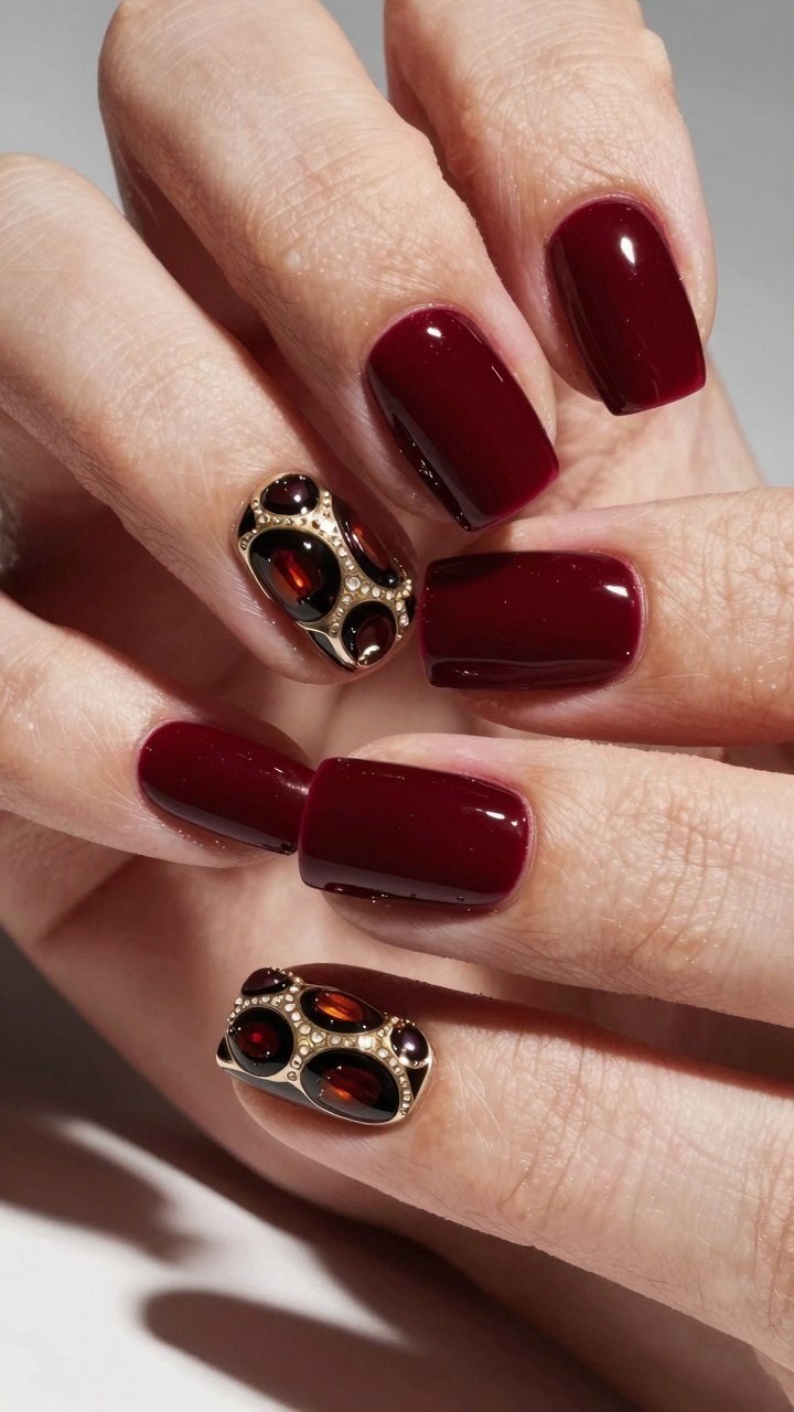 Rich Burgundy Nails with Metallic Beaded Accents