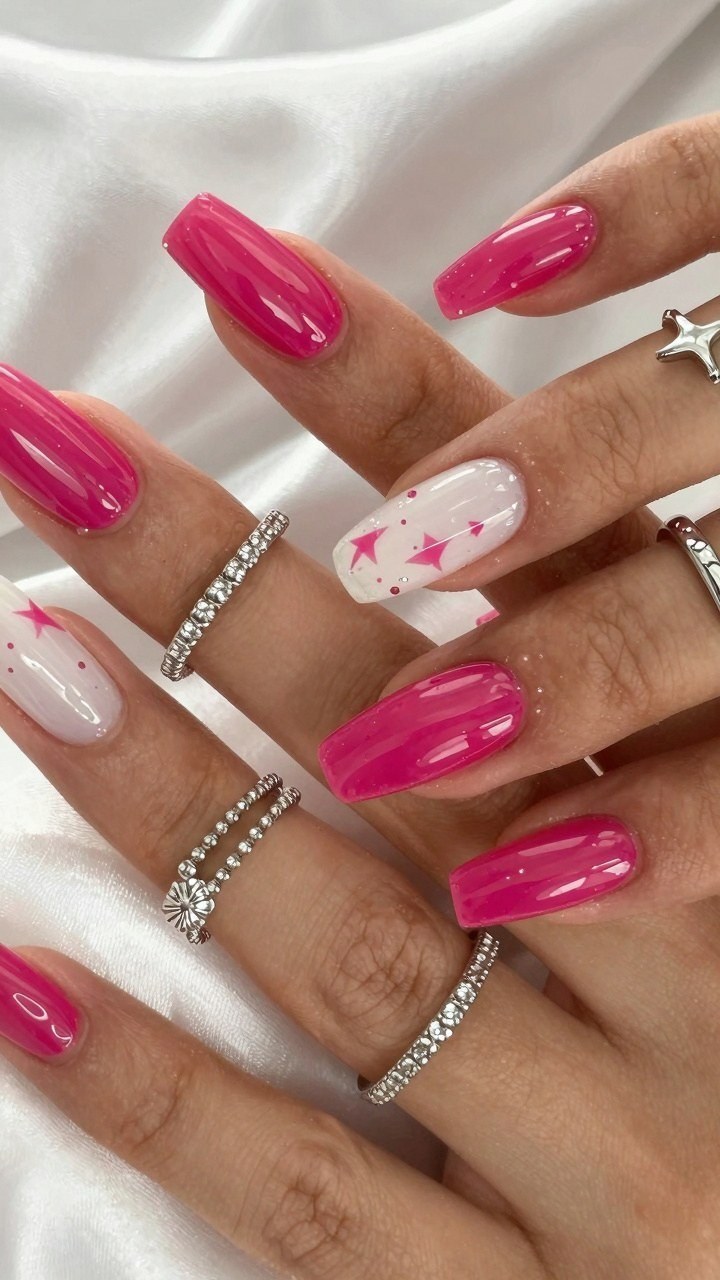 Adding Star Accents to Bright Red Nails Design