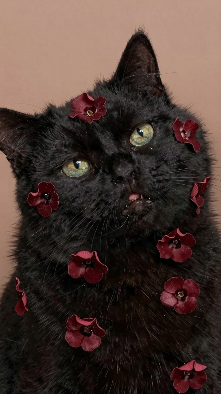 Pairing Dark Red Floral Accents with a Black Cat Wallpaper