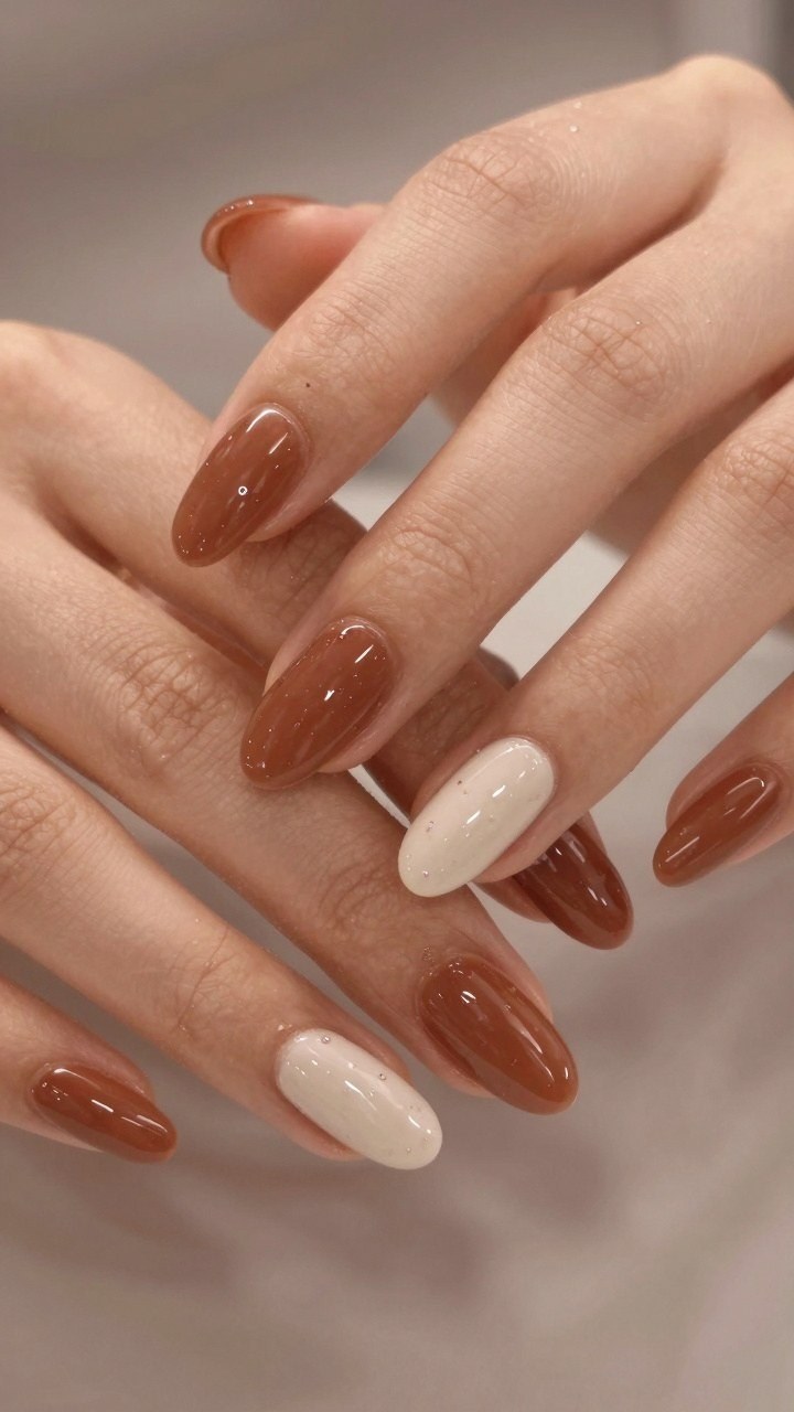 Warm Caramel Brown And Cream Almond Nails