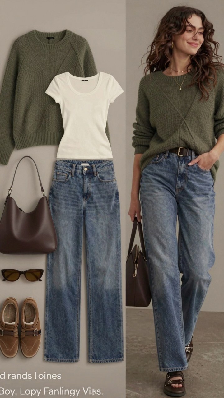 Pairing a Textured Olive Crewneck Sweater with Straight Leg Denim