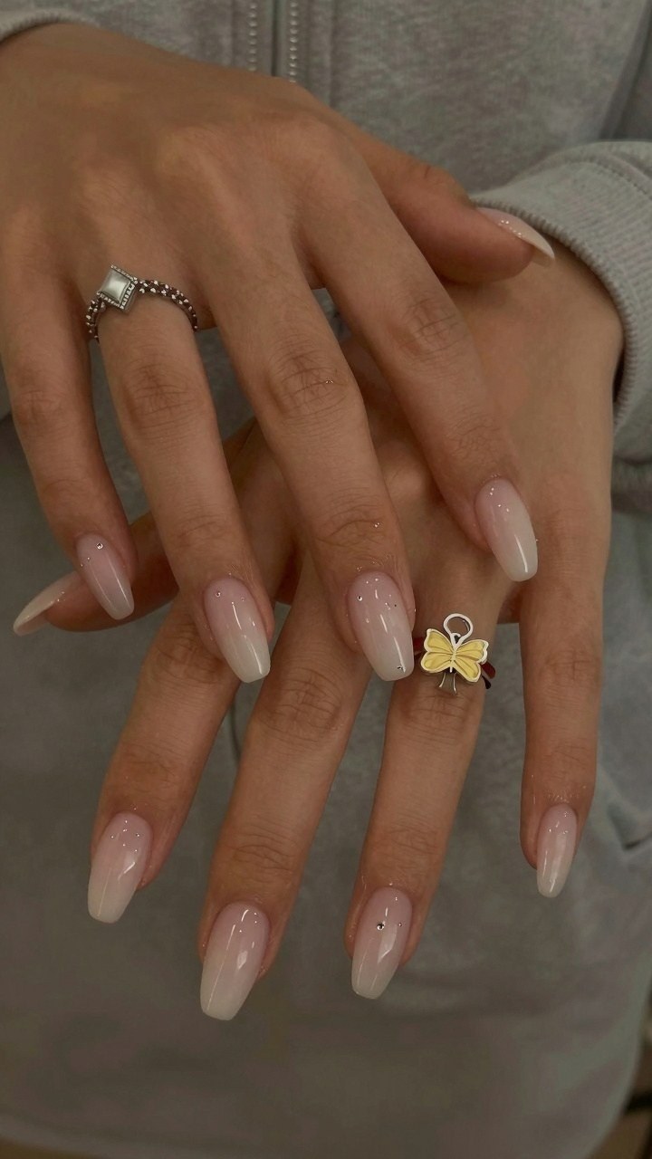 Milk Bath SNS Nails With Subtle Rhinestone Accents