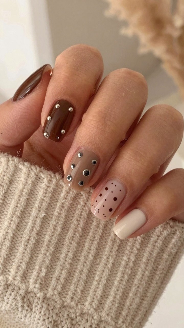Adding Metallic Studs and Dots to Neutral Autumn Nails
