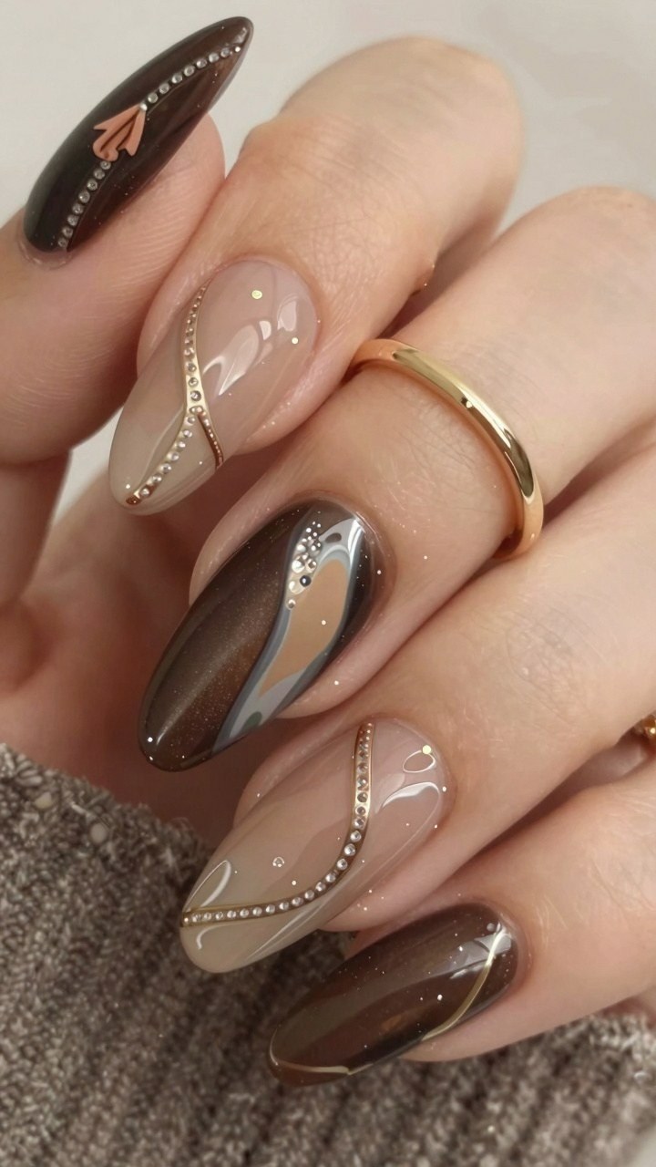 Adding Metallic Accents to Chocolate Brown Plaid Nails