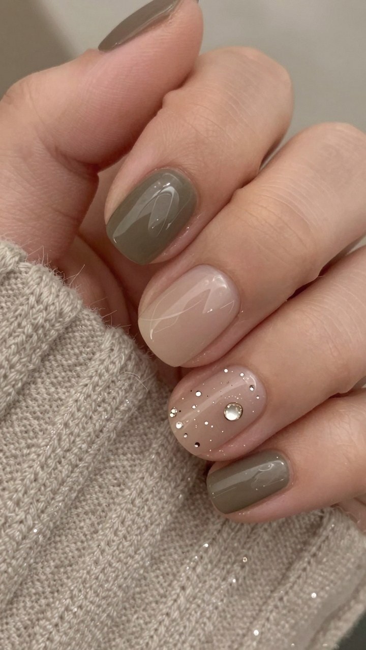 Subtle Rhinestone Details on Neutral Short Nails