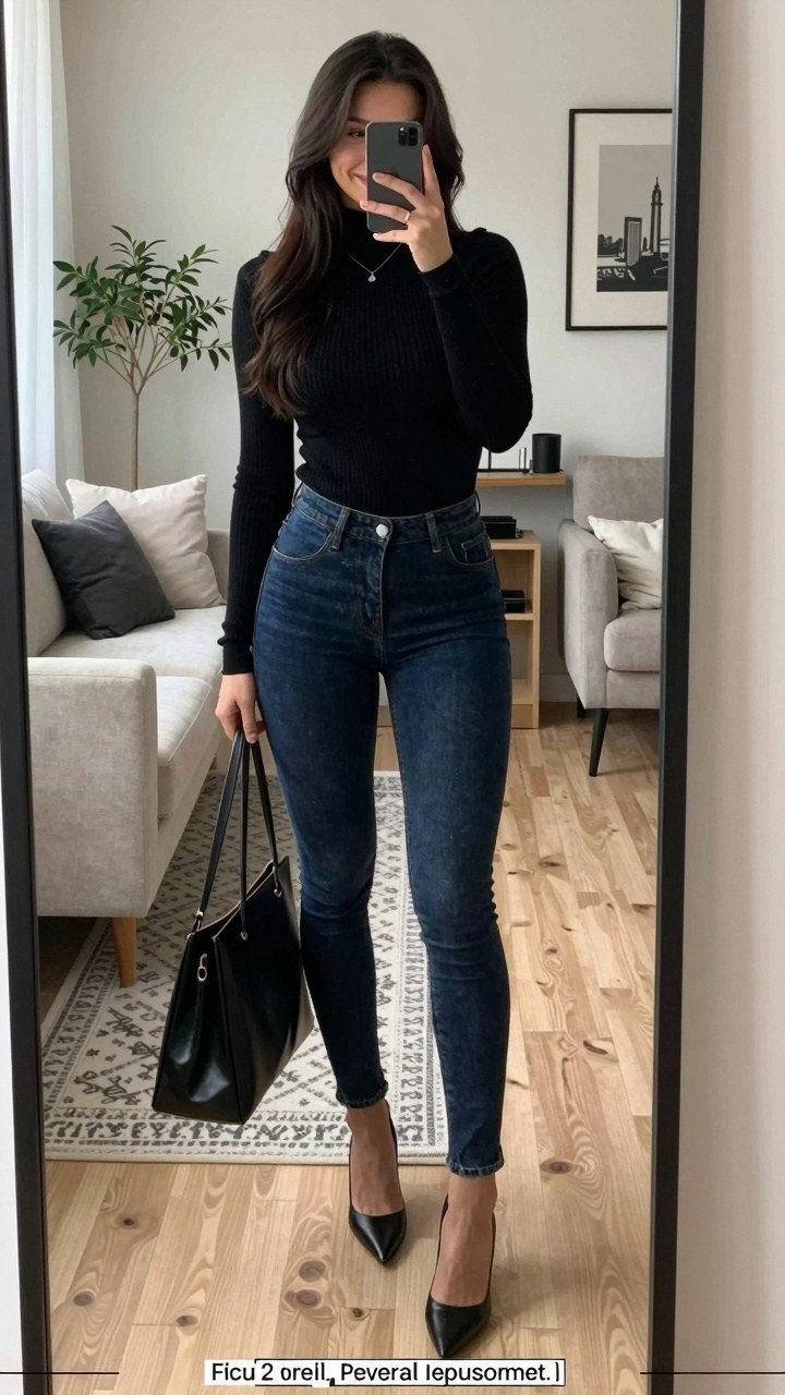 Styling Dark Denim Jeans with a Fitted Black Top