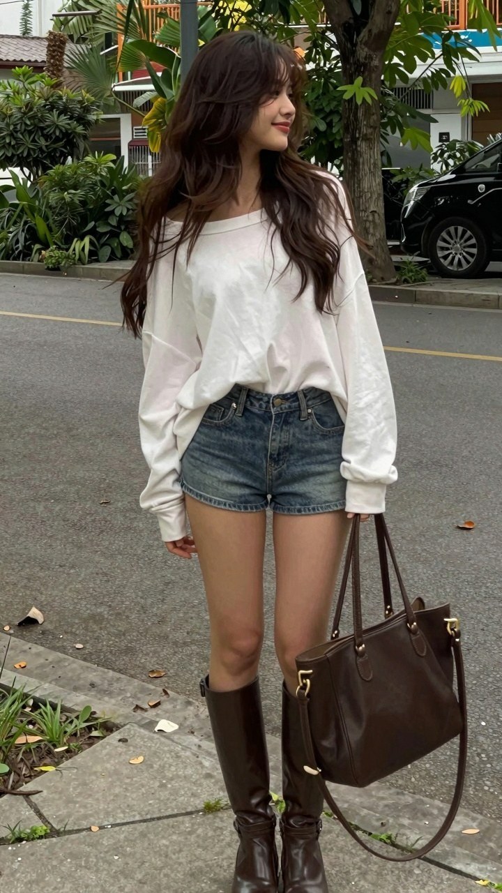 Styling Knee High Boots With Denim Shorts for Warm Autumn