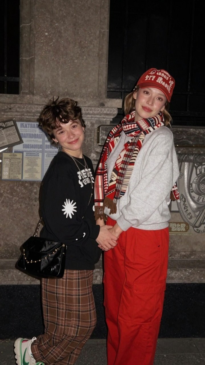Coordinated Blaze Orange Caps and Heavy Scarves