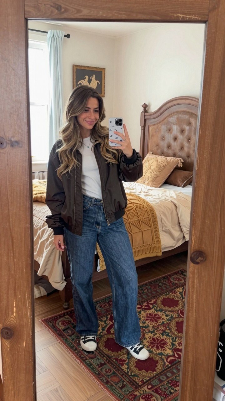 Pairing a Satin Bomber Jacket with Straight Leg Denim