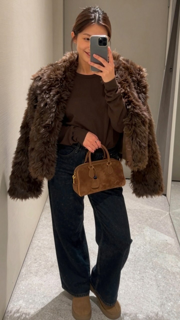 Pairing a Textured Fur Coat with Simple Denim Jeans