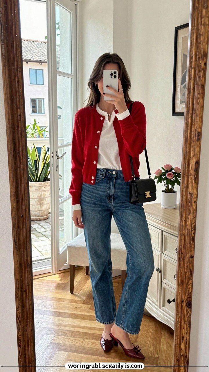 Pairing a Bold Red Cardigan with Blue Denim