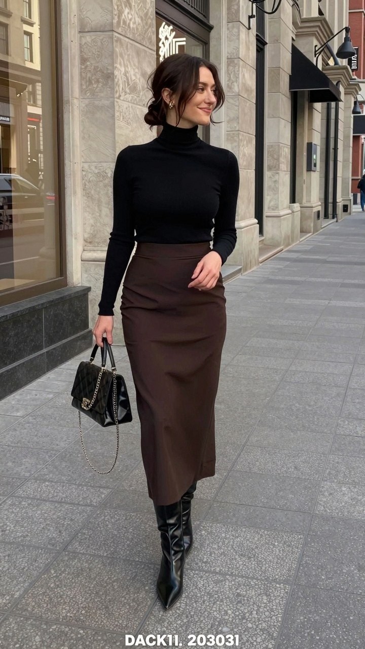 Pairing a Fitted Turtleneck with a Midi Skirt