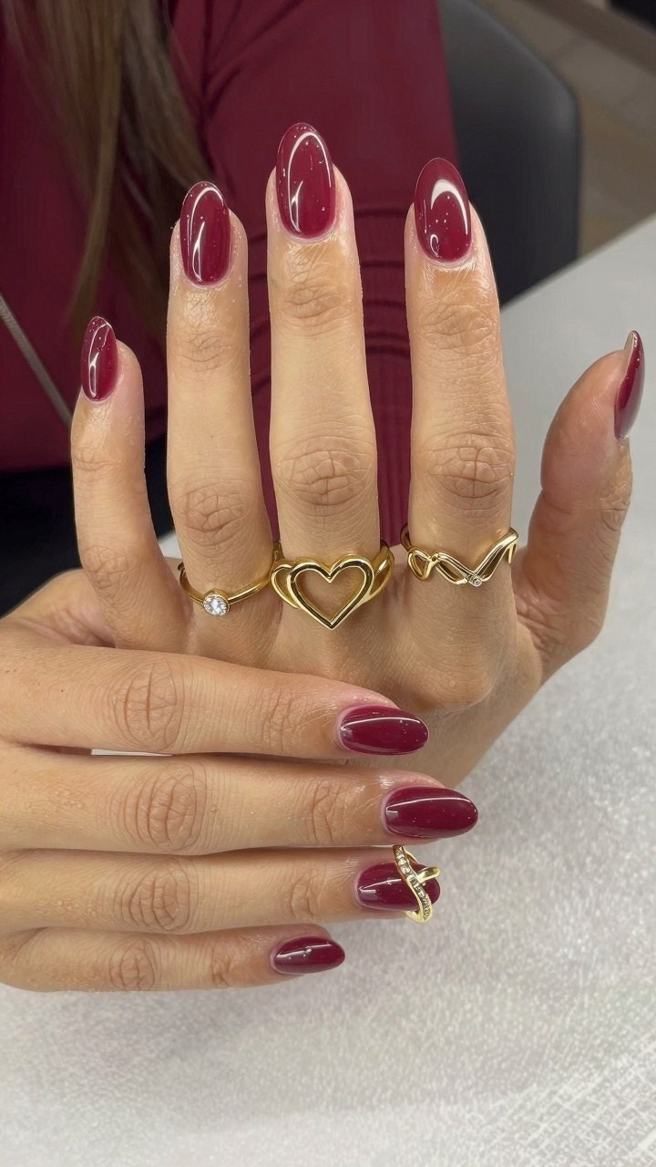 Pairing Deep Cherry Mocha Nails with Gold Rings
