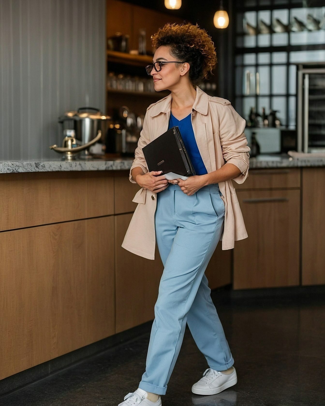 Rolled beige trench and cobalt knit over pale blue trousers in a café lobby