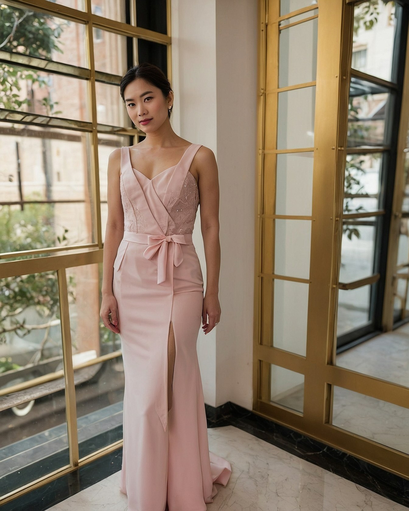 Pleated Gown with Embroidered Illusion Sleeves