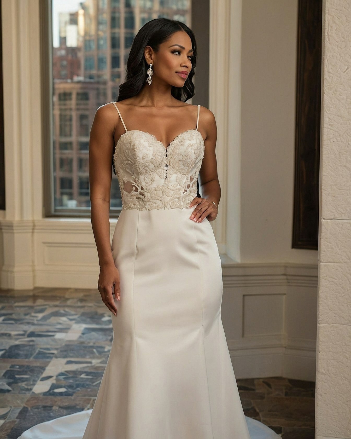Delicate piping accentuates a creamy sheath silhouette