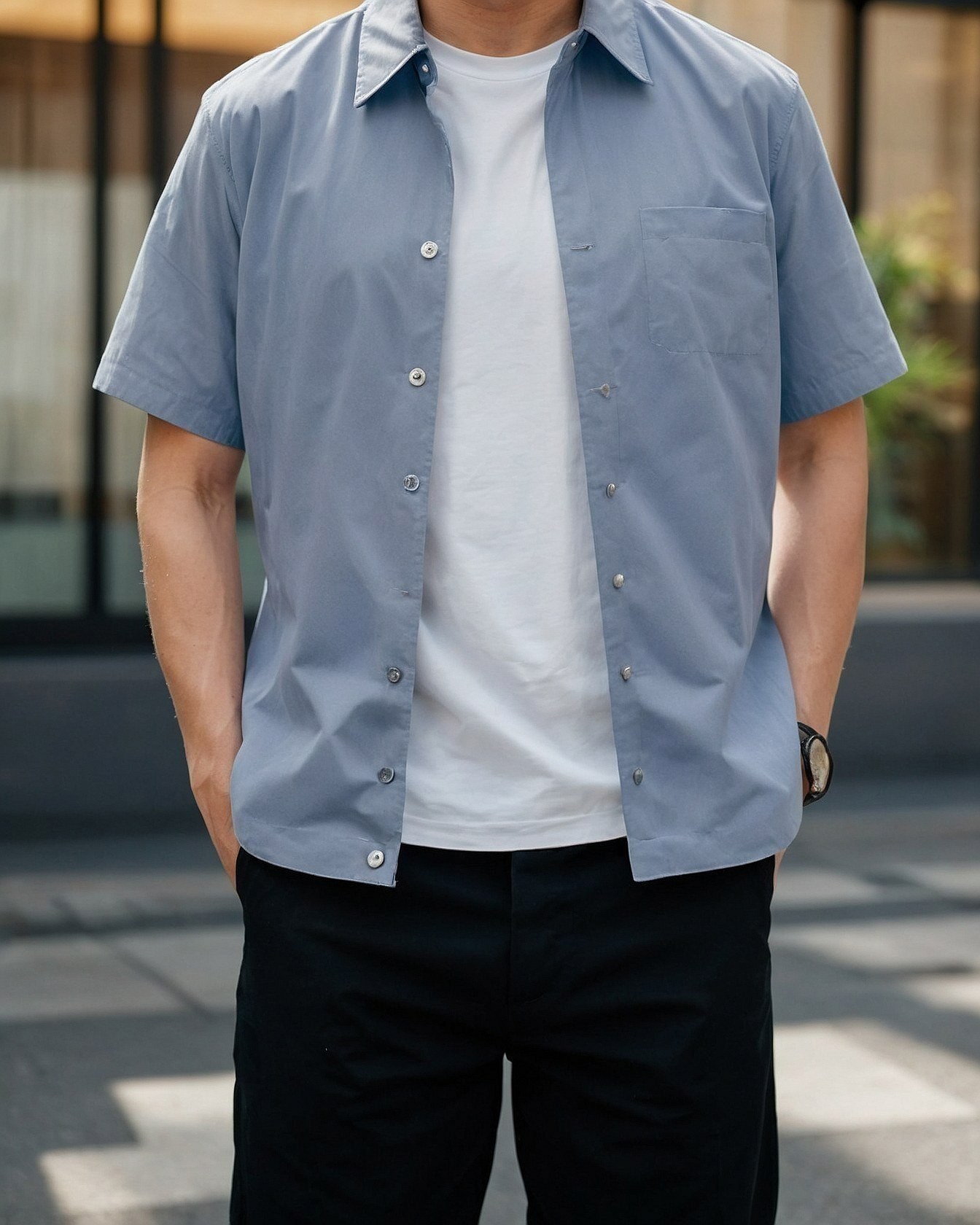 Light Blue Short-Sleeve Shirt Over White Tee