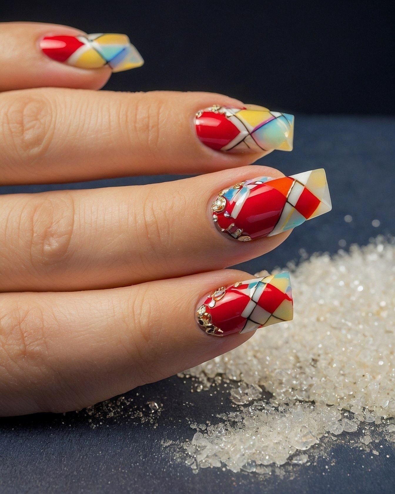 Geometric patterns on ruby red nails