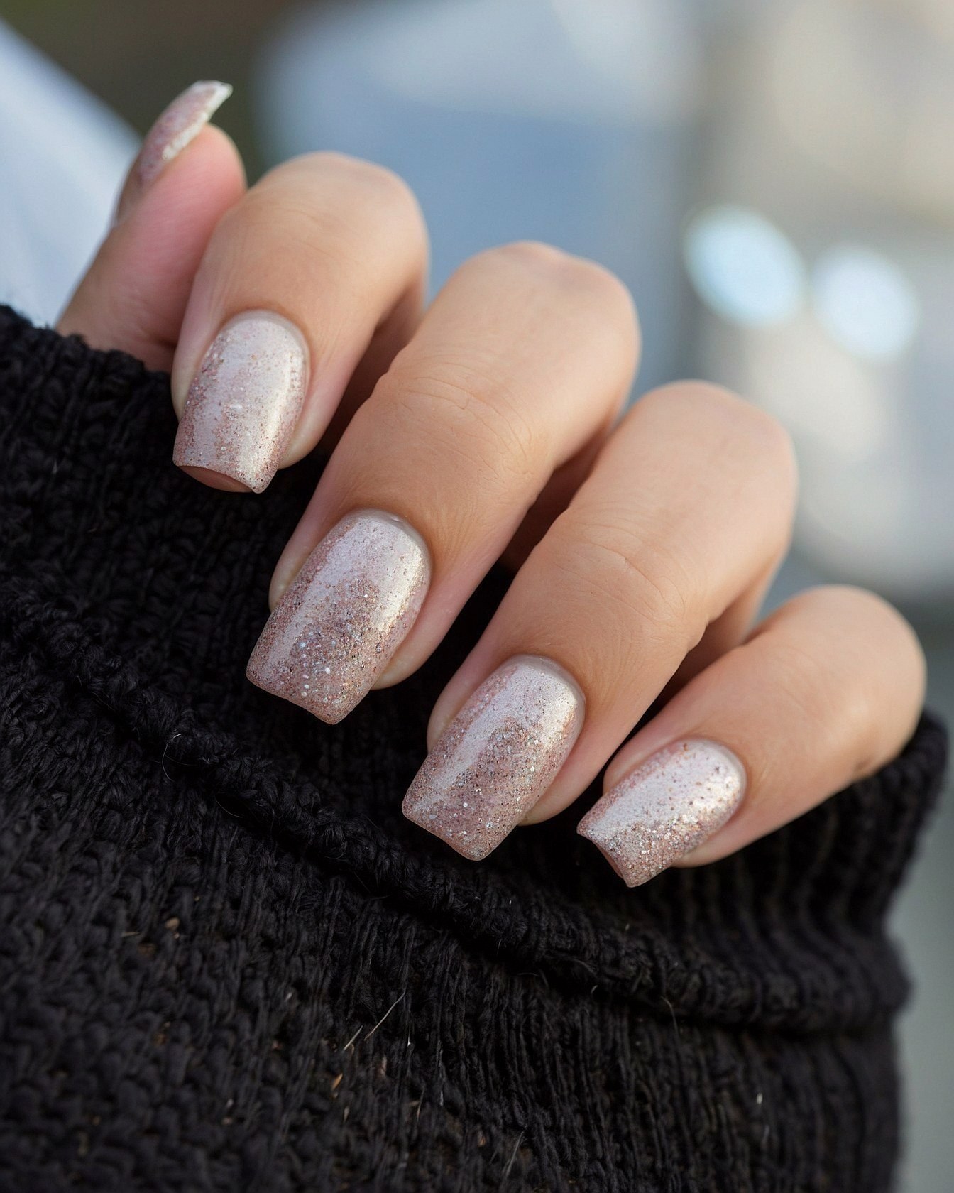 Close-up of Glittery Taupe Nails with Black Knitwear