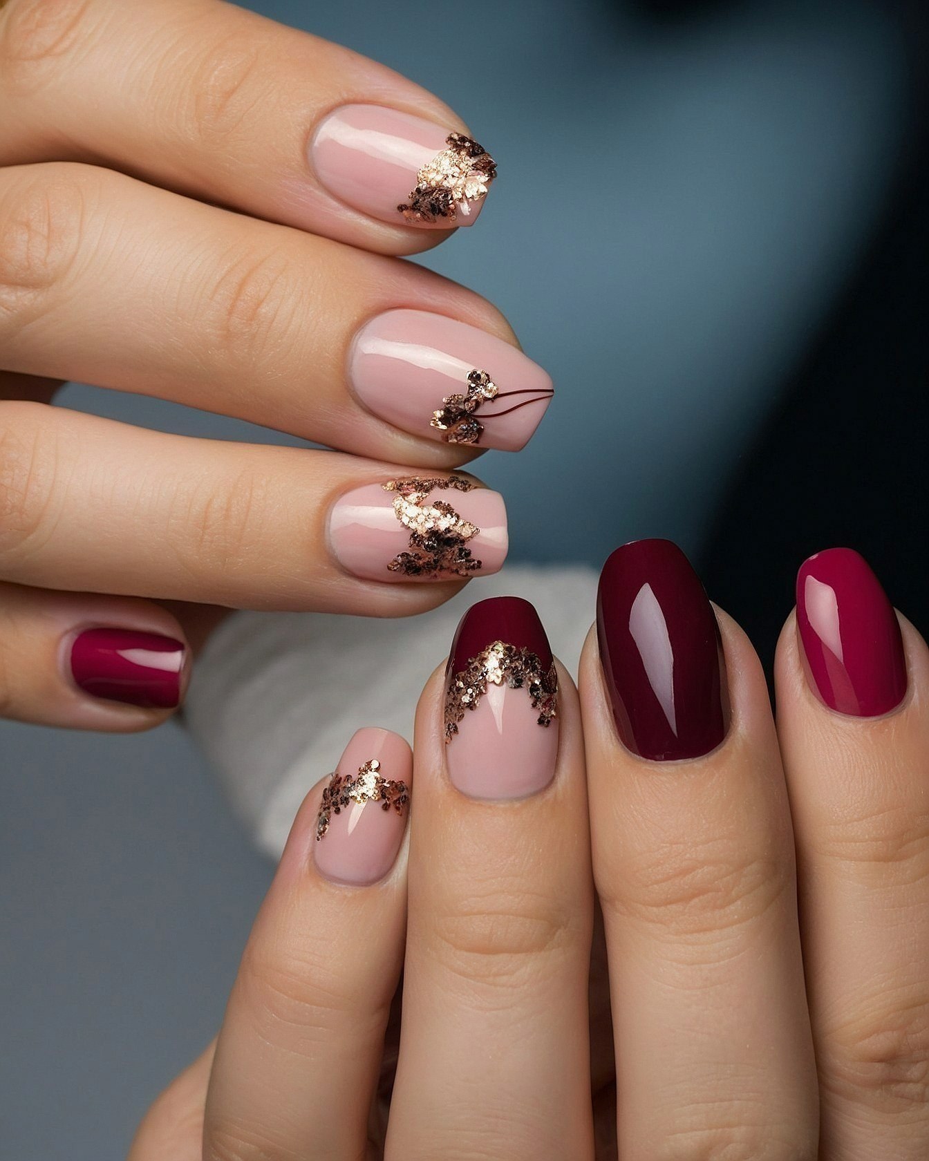 Close-up of Delicate Gold Foil Accents on Almond Nails
