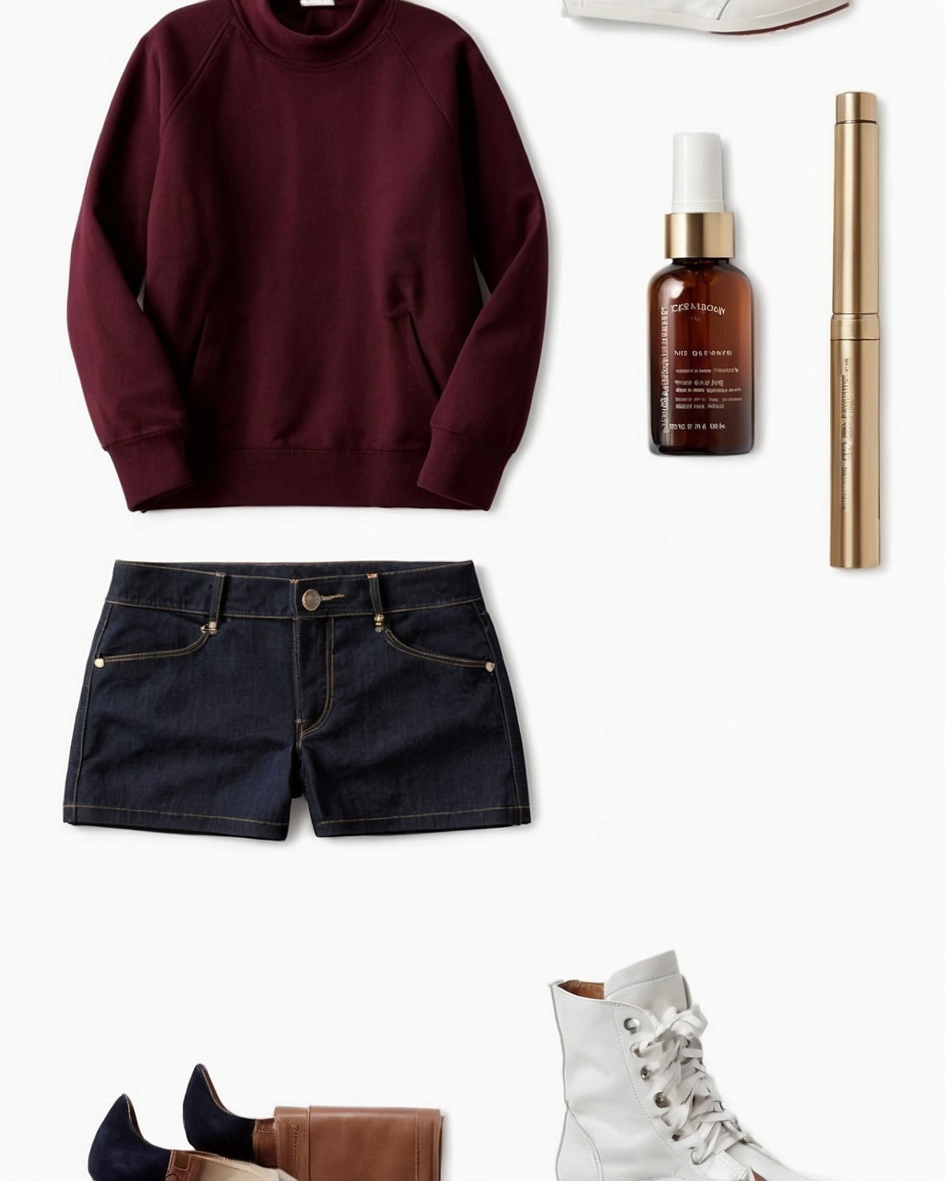 Maroon Crewneck Sweatshirt with Pleated Navy Shorts