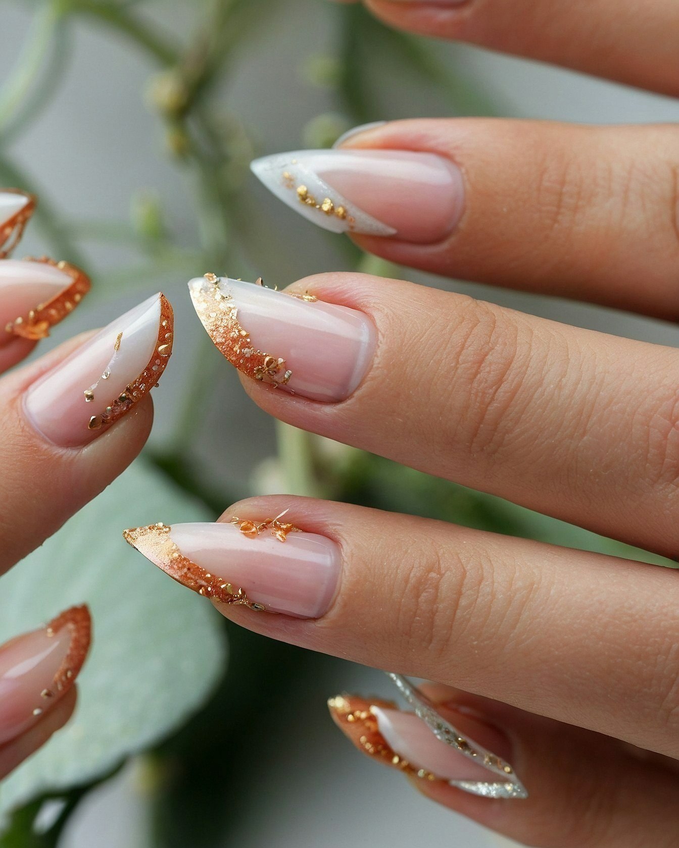 Close-up on Geometric Gold Accents on Nails