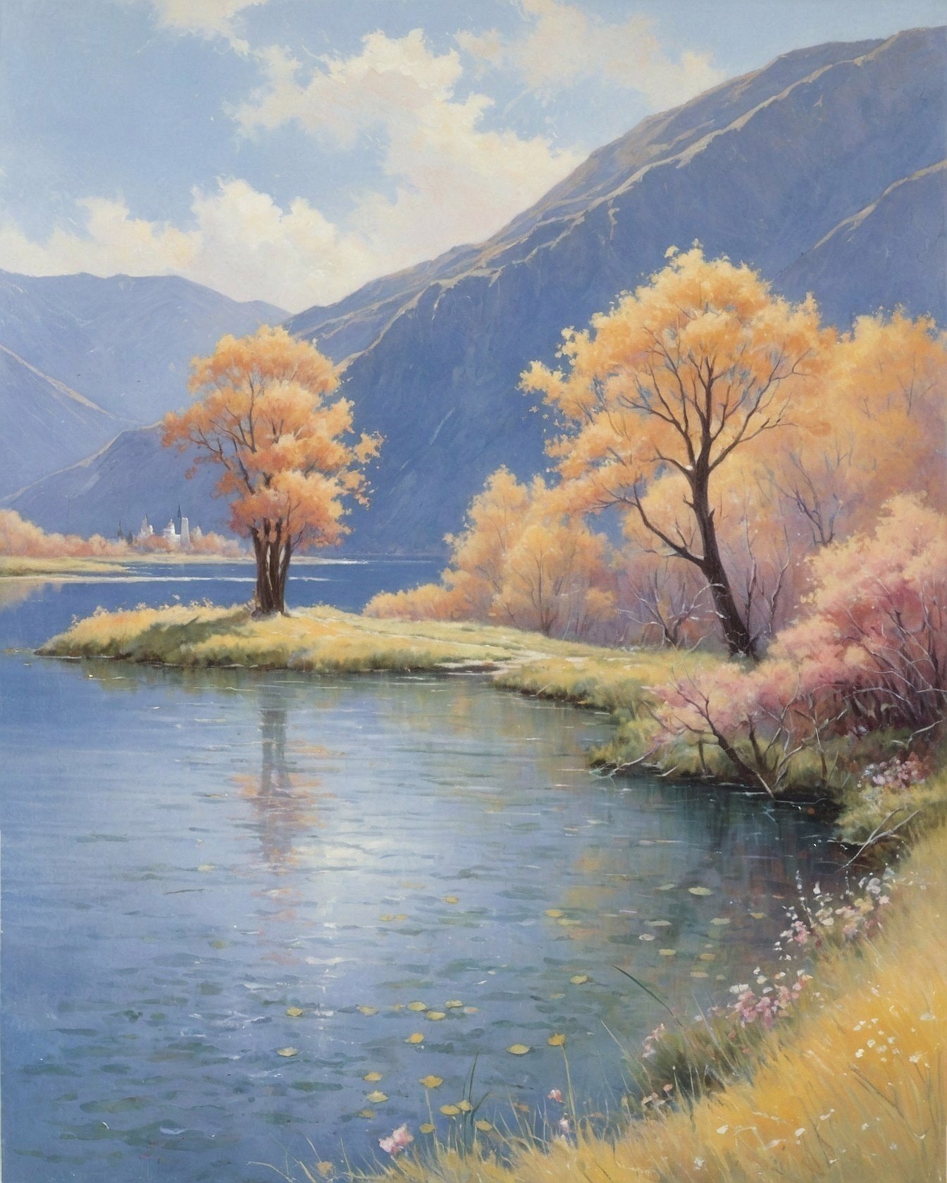 A tranquil lakeside with autumn trees and distant mountains