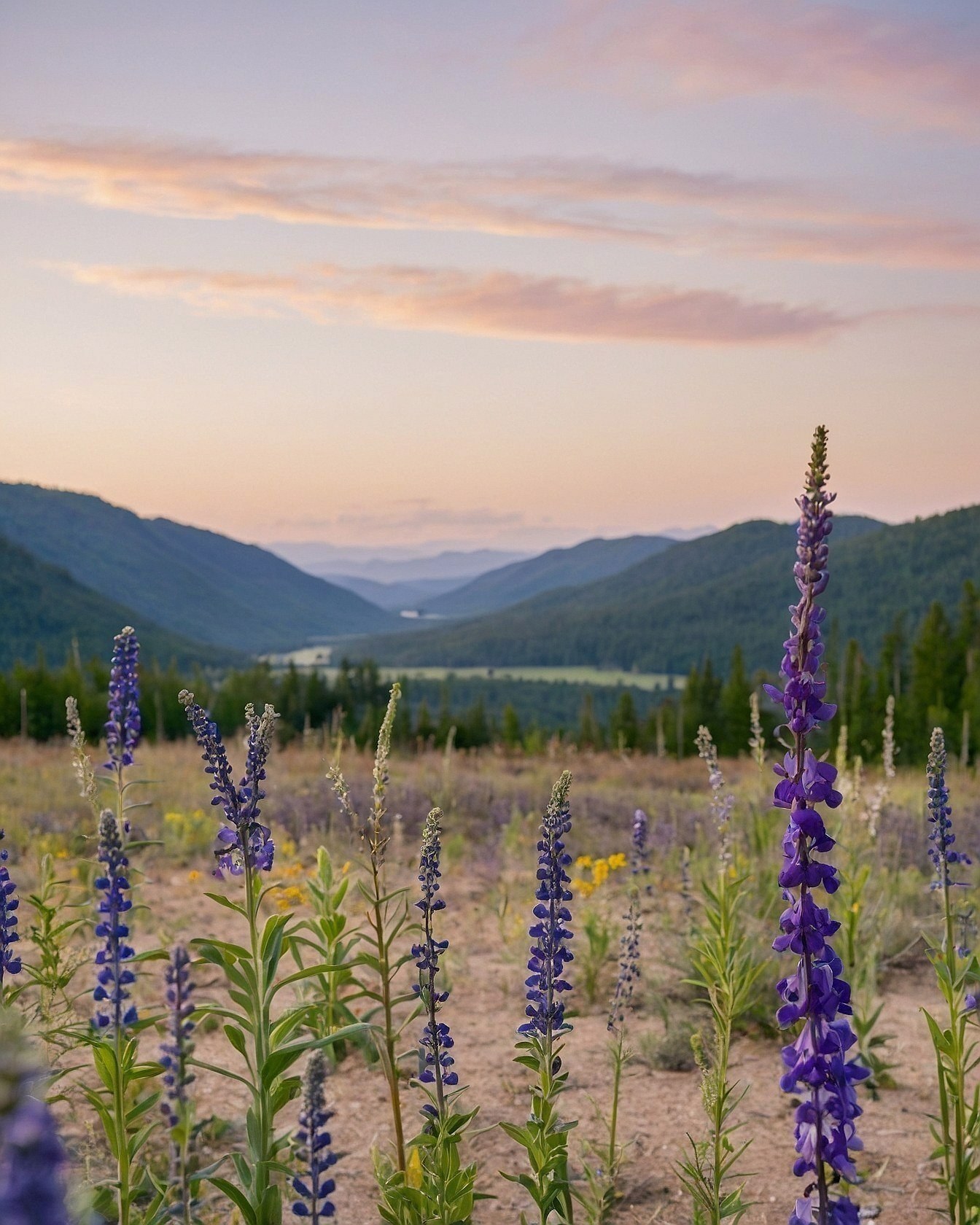 Lavender Stalks Amidst a Mountain Valley Vista