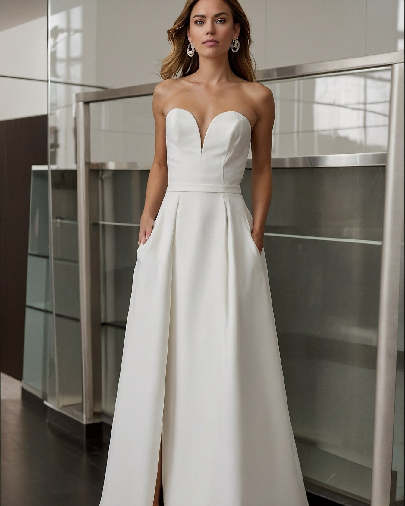 A striking V-neck bodice with integrated pockets