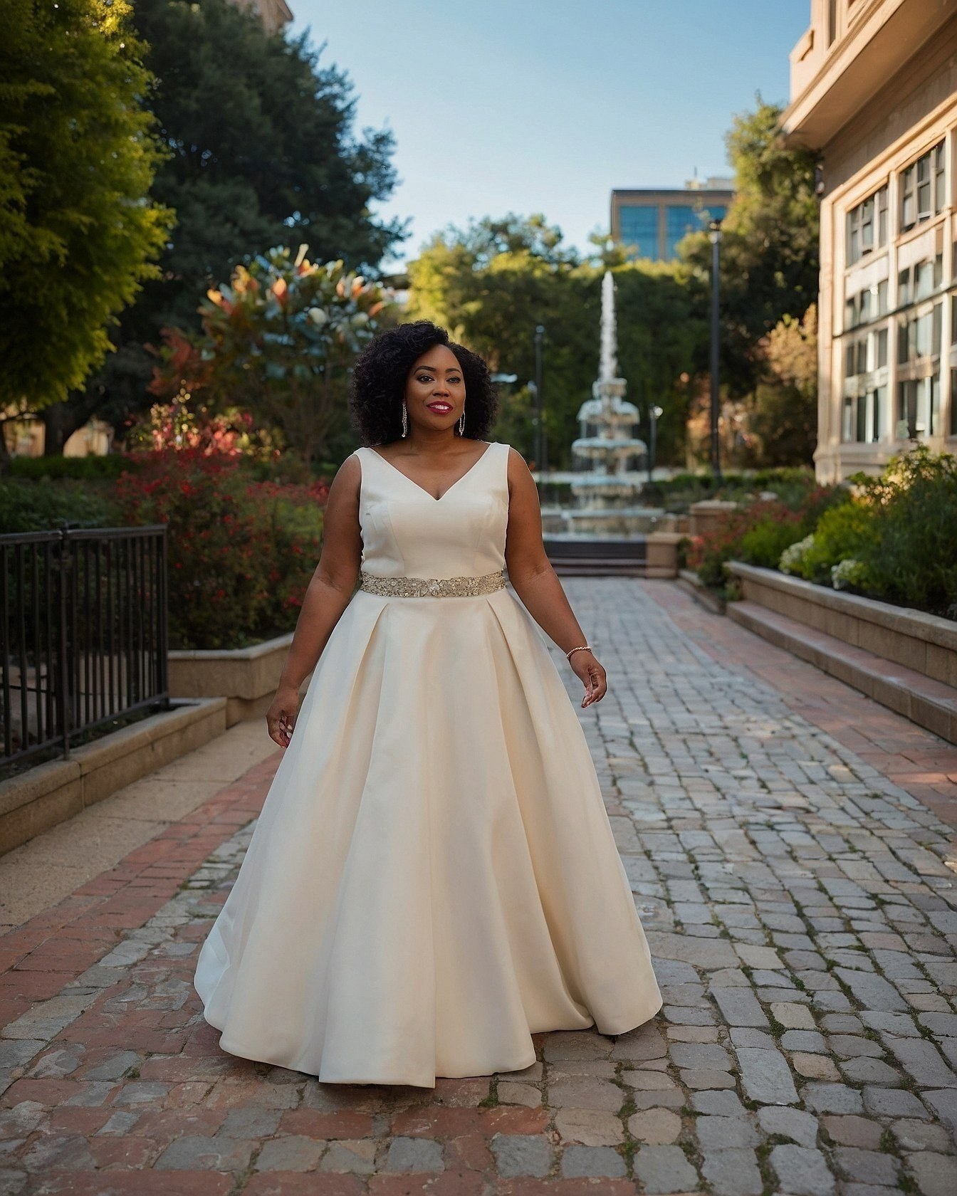A sparkling beaded waistband on an ivory gown