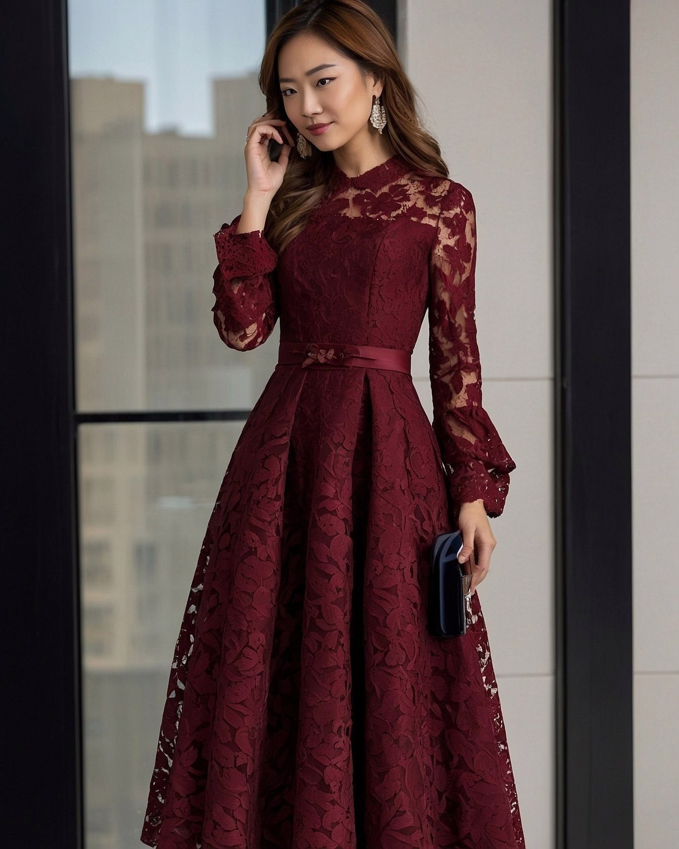 Statement Lace Sleeves and Cinched Waist Detail