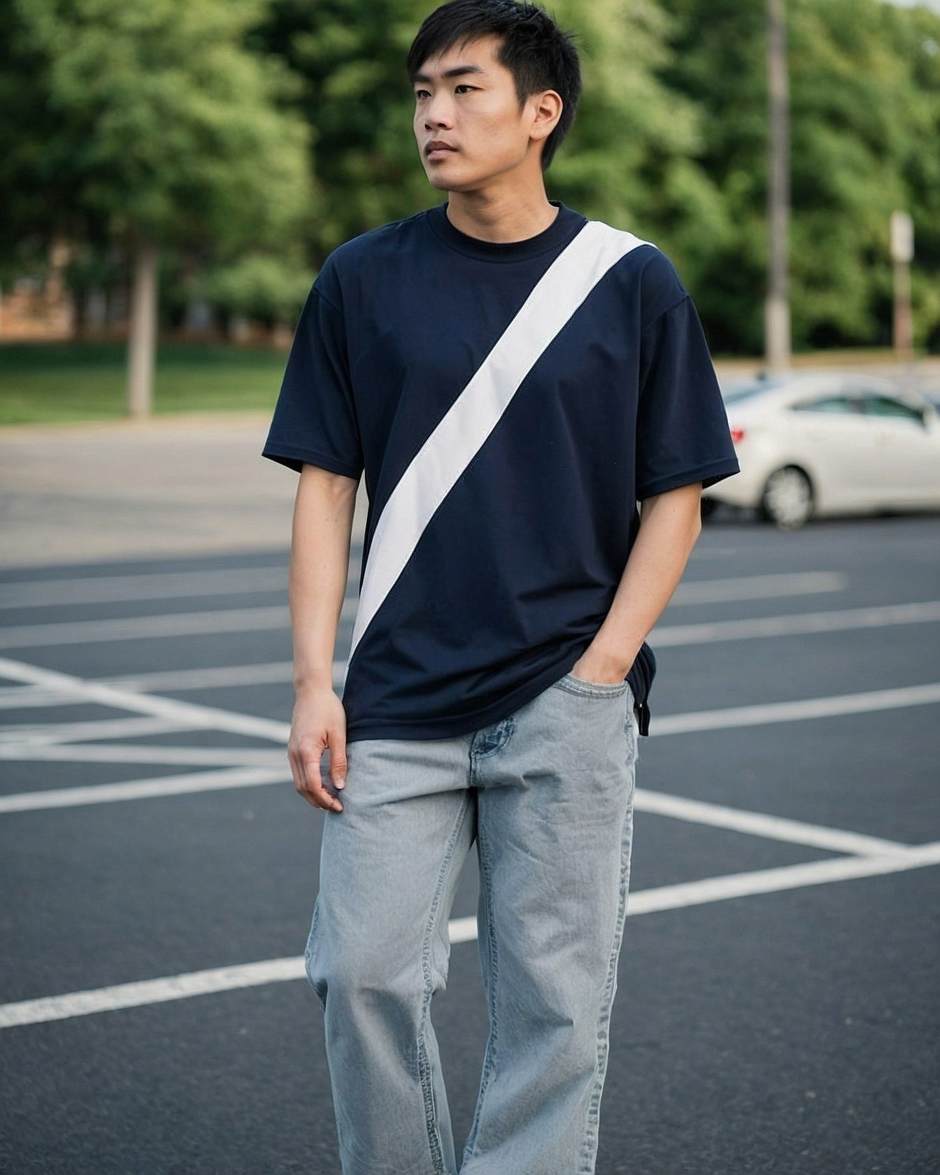 Diagonal Stripe T-Shirt and Light Wash Denim